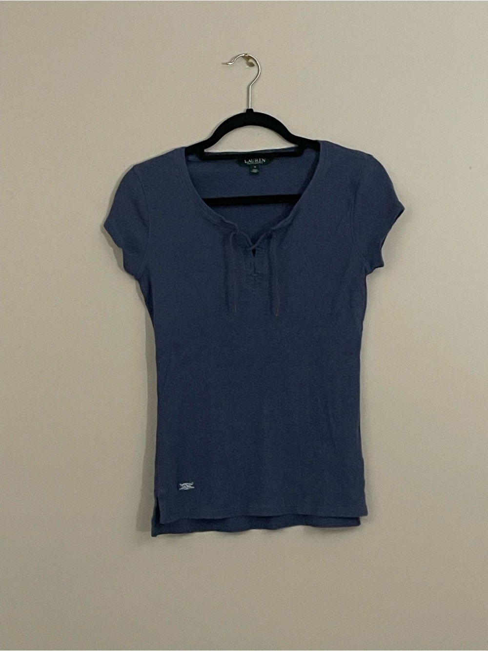 Ralph Lauren Short Sleeve Lace-Up Scoop Neck Top in Slate Blue